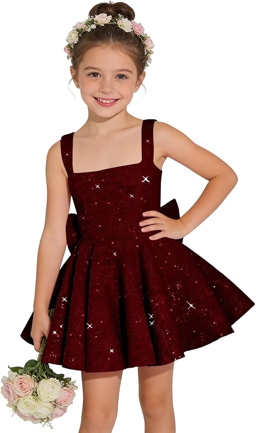 Sparkly Sequin Teen Flower Girl Dresses for Wedding Short Spaghetti Straps Cute Birthday Party Dress with Bow