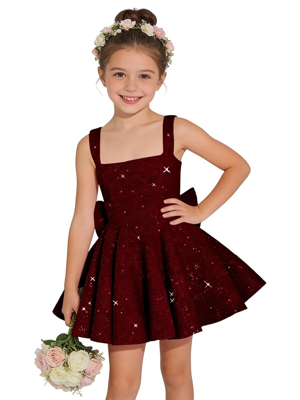 Sparkly Sequin Teen Flower Girl Dresses for Wedding Short Spaghetti Straps Cute Birthday Party Dress with Bow