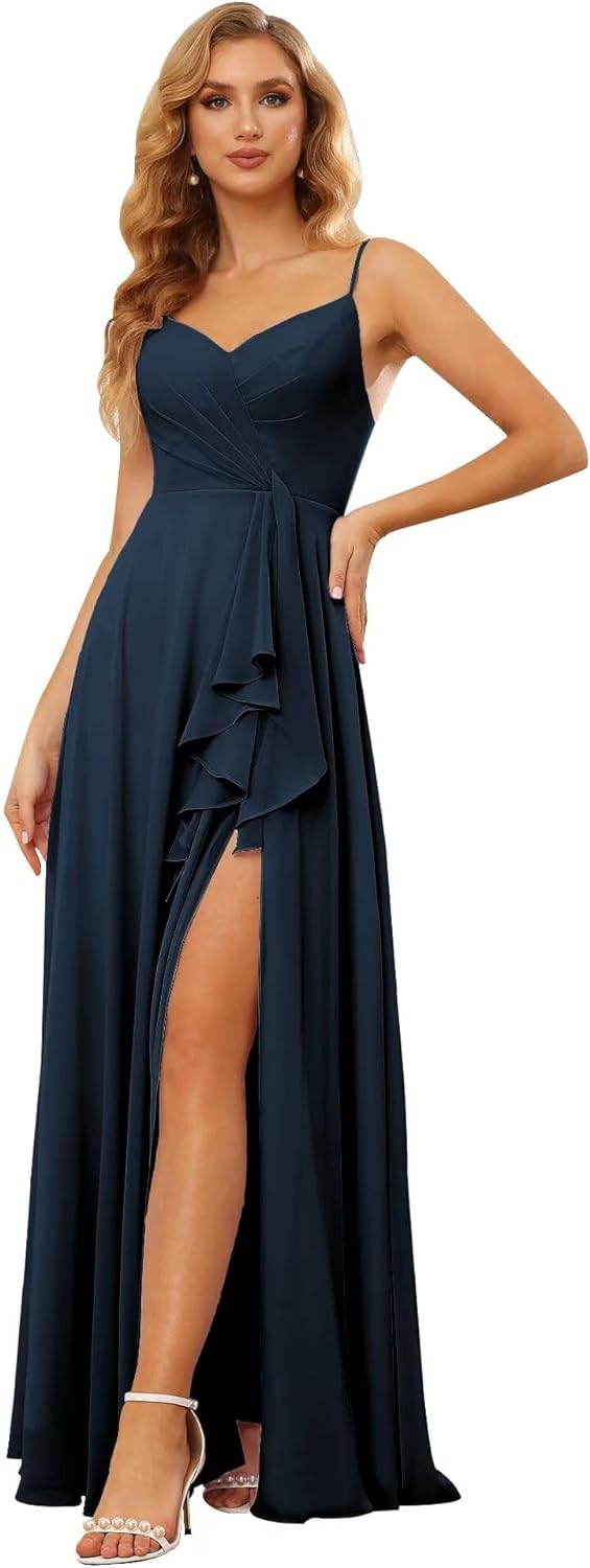 Vestidos de dama de honor largos de gasa con tirantes finos y bolsillos, vestidos formales con volantes y abertura para mujer 
