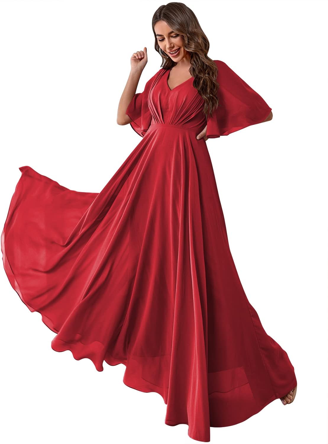 Women's Batwing Sleeve Chiffon Bridesmaid Dresses with Pockets V Neck Long Formal Evening Dress