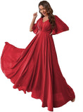Women's Batwing Sleeve Chiffon Bridesmaid Dresses with Pockets V Neck Long Formal Evening Dress