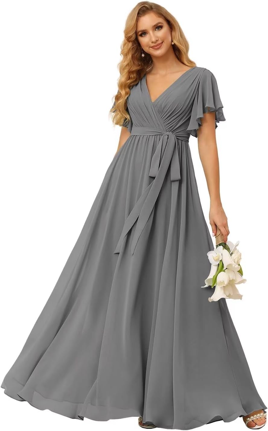 Damen Brautjungfernkleider mit Flatterärmeln, lang, mit Taschen, V-Ausschnitt, Chiffon, formelle Kleider 