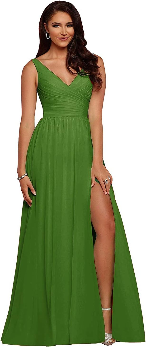 V Neck Chiffon Bridesmaid Dresses for Wedding 2027 Long Pleated Sleeveless Formal Prom Evening Gowns with Slit