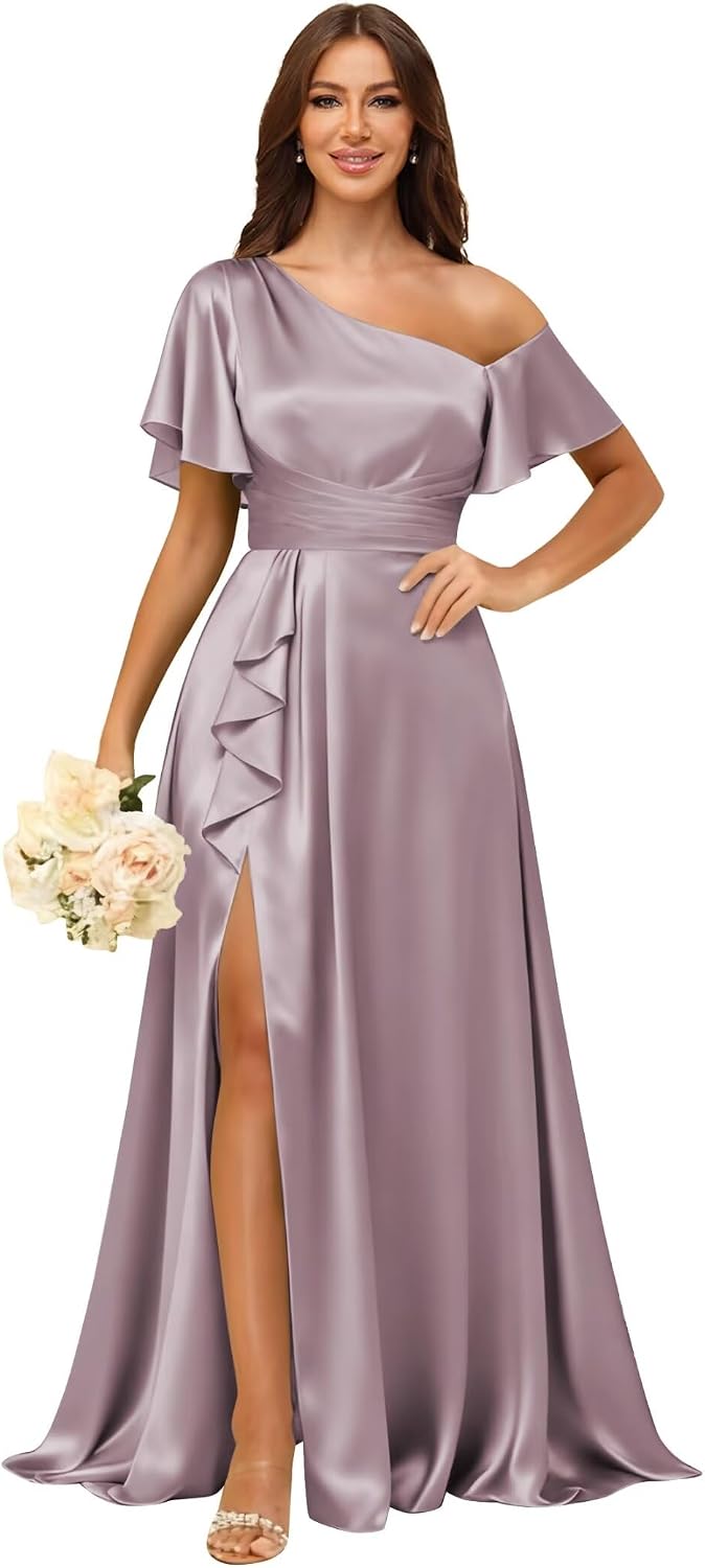 Short Sleeve Satin Bridesmaid Dresses for Women Ruffle One Shoulder Formal Evening Gowns with Slit