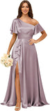 Short Sleeve Satin Bridesmaid Dresses for Women Ruffle One Shoulder Formal Evening Gowns with Slit