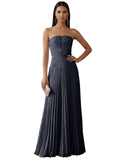 Ruched Strapless Prom Dresses for Women Long A Line Cocktail Dress Pleated Chiffon Formal Wedding Guest Dress