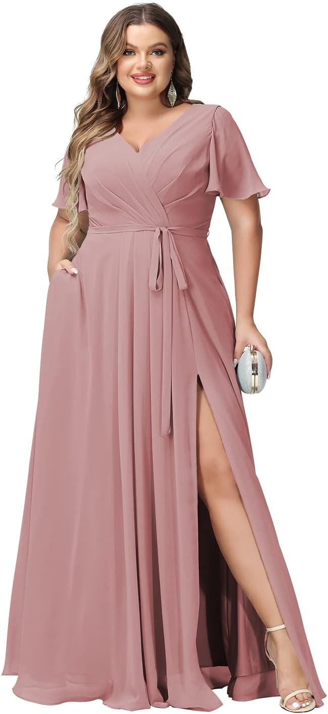 Plus Size Bridesmaid Dresses with Pockets V Neck Chiffon Flutter Sleeves Formal Evening Gowns with Slit