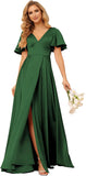 Women's V Neck Ruffle Sleeves Bridesmaid Dresses with Slit 2025 Satin A-Line Formal Evening Gowns