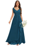 Chiffon Bridesmaid Dresses for Women Ruffles V Neck Flowy Long Formal Evening Dress with Bow