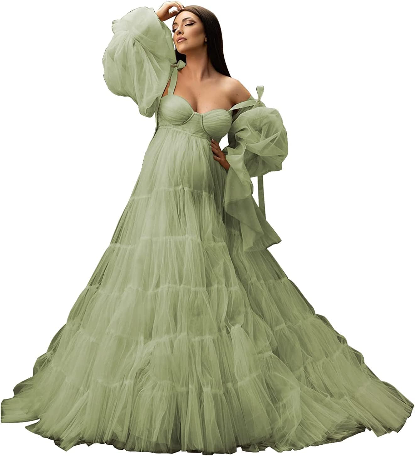 Womens Tulle Robe Maternity Dress for Photoshoot Off Shoulder Bridal Lingerie Maternity Gowns for Babyshower