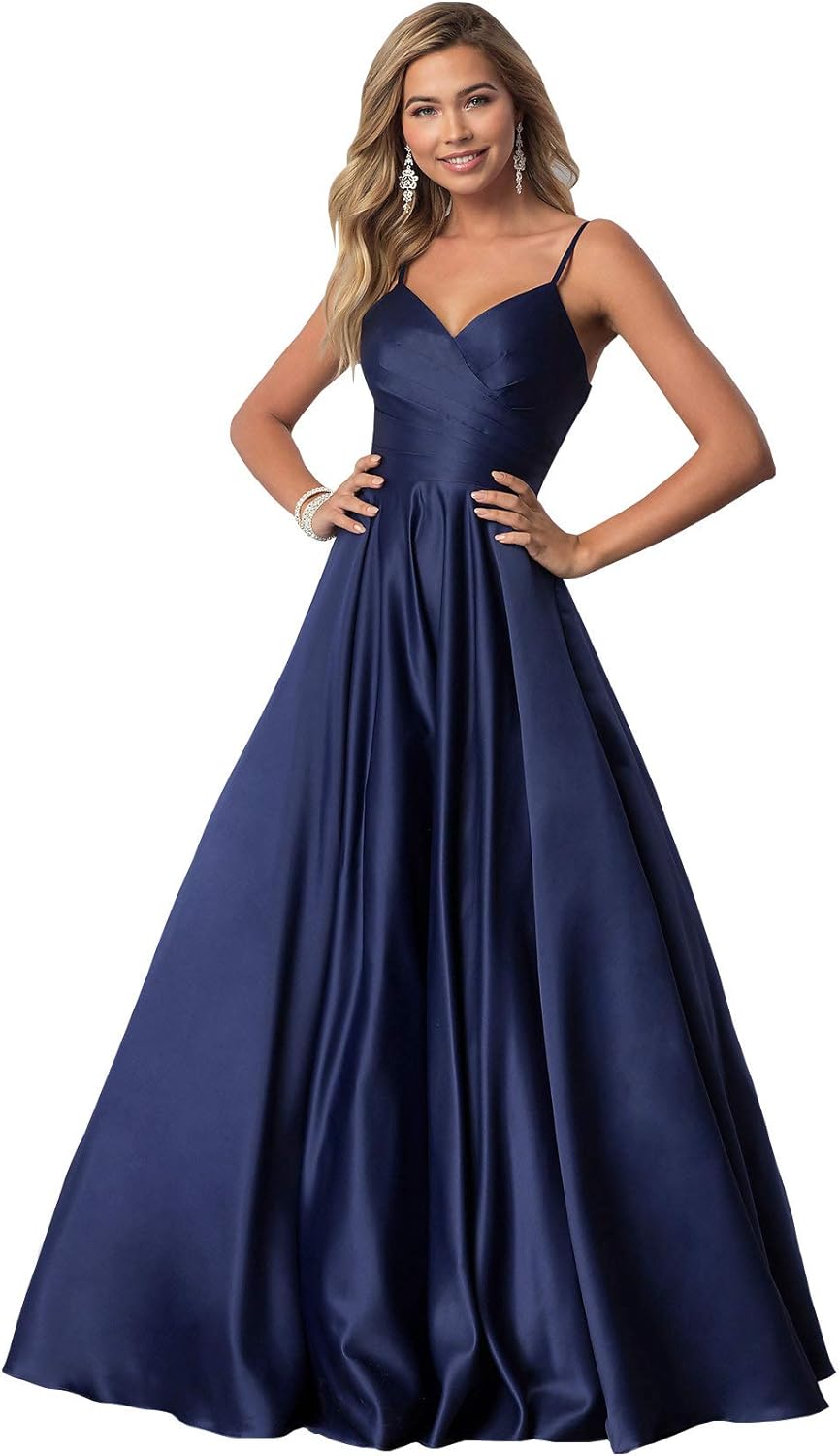 Women's Spaghetti Straps Satin Prom Dresses with Pockets V Neck Pleated Formal Evening Ball Gowns
