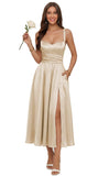 Jacquard Satin Bridesmaid Dresses for Women Spaghetti Straps A Line Tea Length Formal Dress