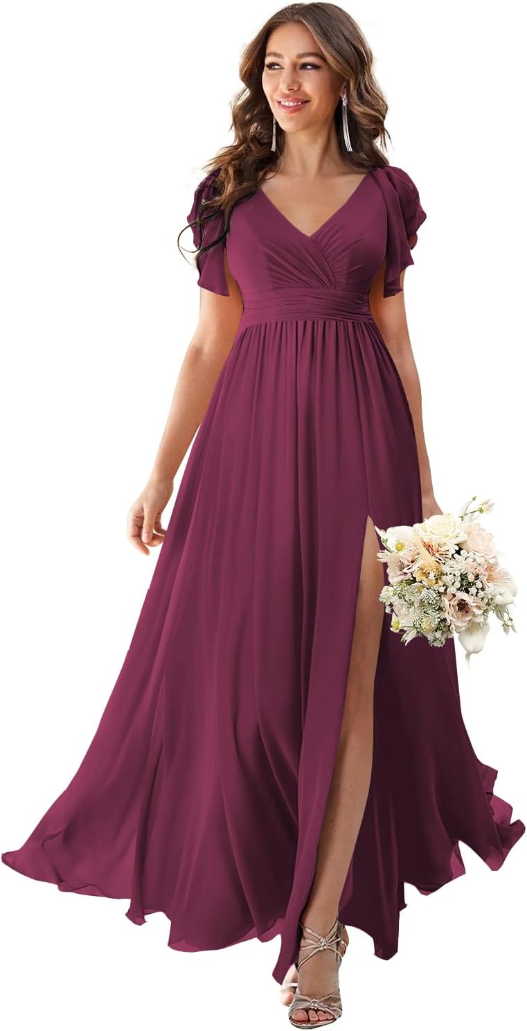 V Neck Flutter Sleeves Bridesmaid Dresses with Slit 2025 Chiffon Aline Pleats Formal Evening Gowns for Women