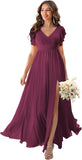 V Neck Flutter Sleeves Bridesmaid Dresses with Slit 2025 Chiffon Aline Pleats Formal Evening Gowns for Women