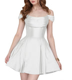Satin Homecoming Dresses Short Wedding Dresses 2026 Off Shoulder Prom Dress with Pockets A Line Formal Party Gown
