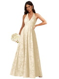 Floral Lace Bridesmaid Dresses for Women Long V Neck A-Line Open Back Halter Formal Evening Gown