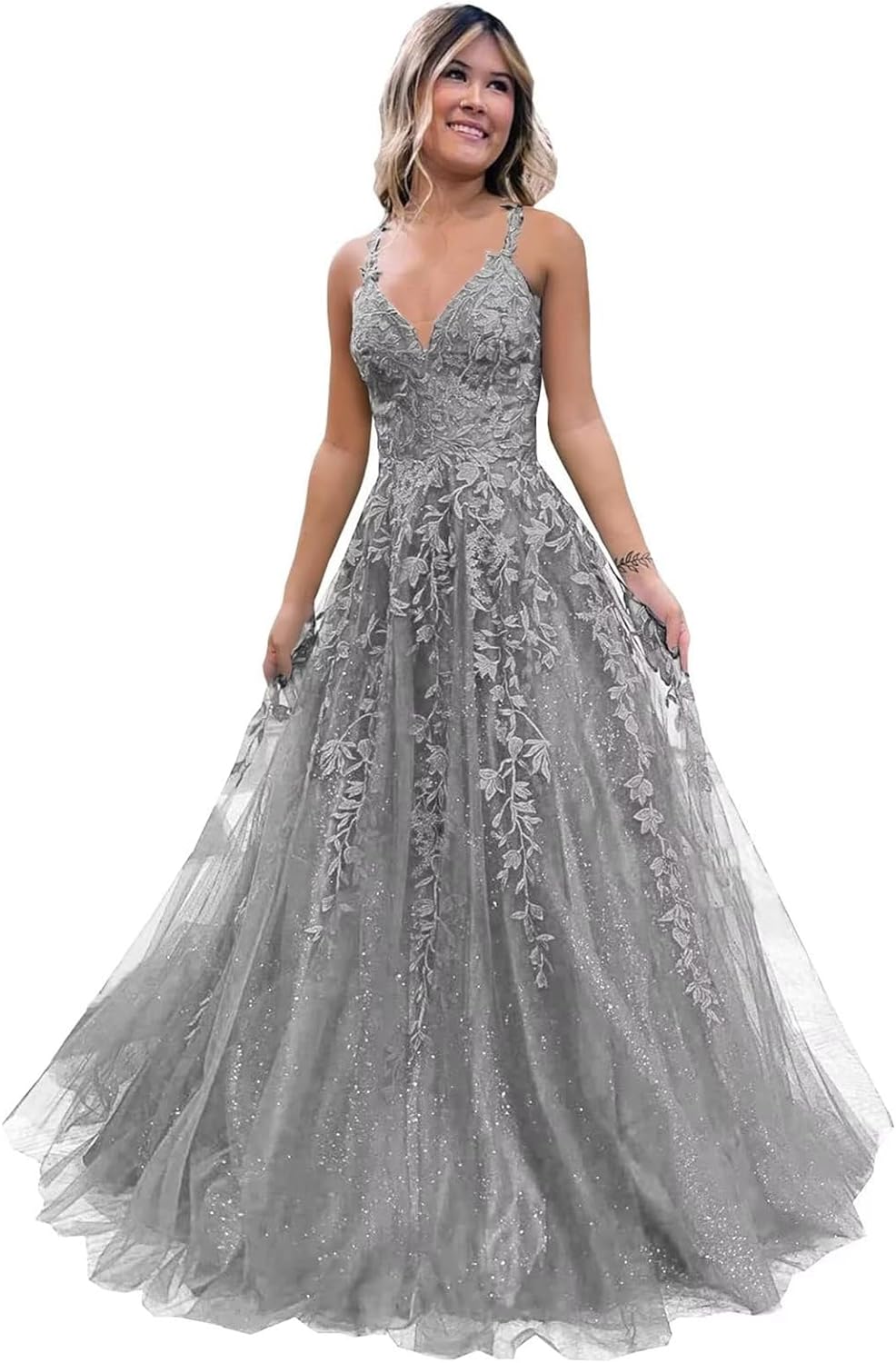 Women's Sparkly Tulle Lace Applique Prom Dresses 2025 Long Spaghetti Straps Formal Evening Gowns