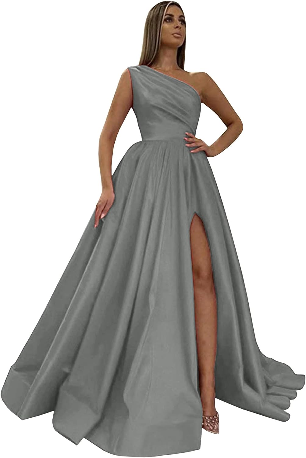 Women's One Shoulder Prom Dresses 2026 Long Slit Satin Formal Evening Gowns with Pockets