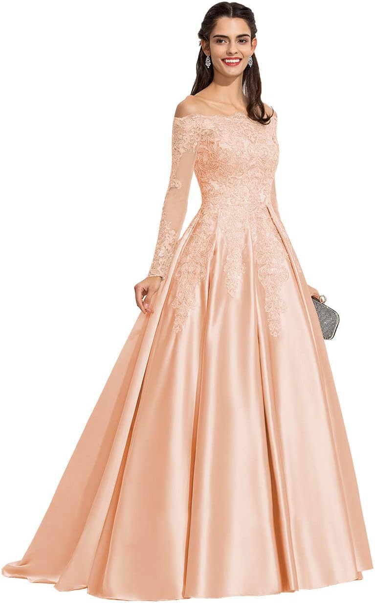 Vestidos de fiesta formales de satén con apliques de encaje y hombros descubiertos para mujer, con mangas largas