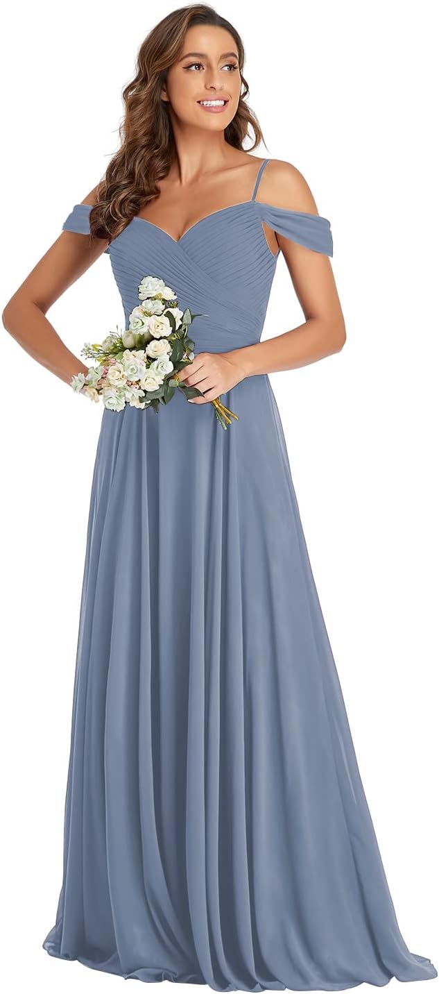Off The Shoulder Chiffon Bridesmaid Dresses Long Spaghetti Straps A Line Formal Party Dress