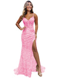 Sparkly Sequin Prom Dresses for Teens 2026 V Neck Glitter Applique Mermaid Formal Evening Gown with Slit