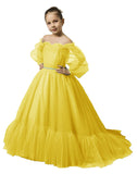 Puffy Sleeves Flower Girl Dress for Wedding Tulle Princess Pageant Dress Kids Prom Ball Gown with Belt