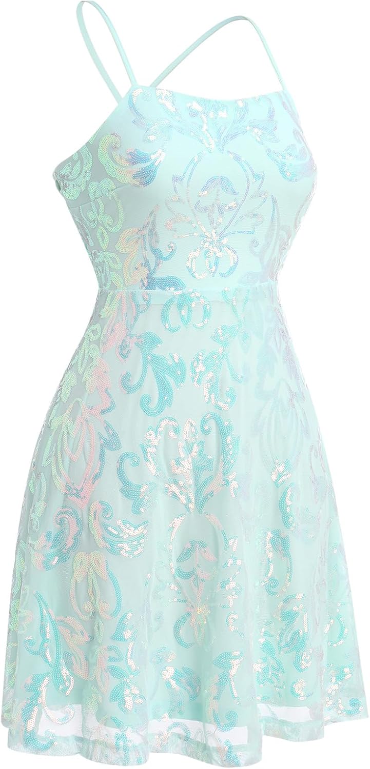 Women's Spaghetti Straps Sparkly Sequins A Line Swing Party Nightclub Dance Mini Dress Above Knee Length