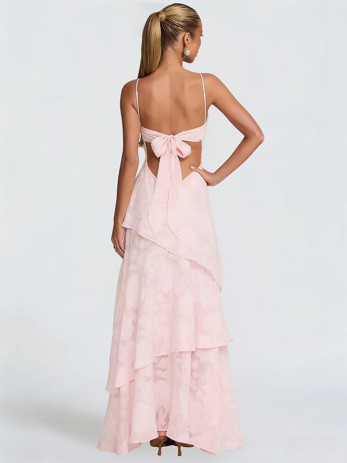 Spaghetti Strap Floral Bridesmaid Dresses for Women Tiered Ruffle A-Line Long Formal Prom Dress