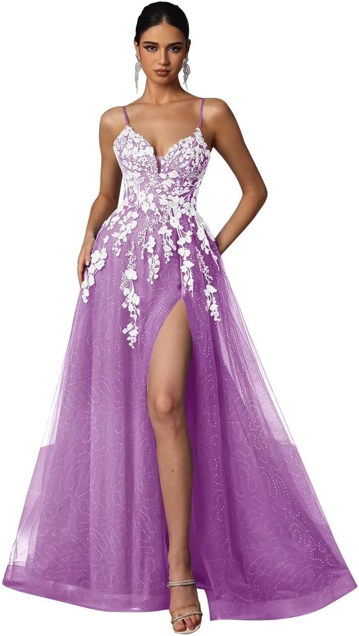 Tulle Prom Dresses 2027 Puffy Ball Gown for Women Formal V Neck Lace Appliques Evening Gown with Slit Long Homecoming Dress