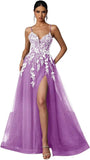 Tulle Prom Dresses 2027 Puffy Ball Gown for Women Formal V Neck Lace Appliques Evening Gown with Slit Long Homecoming Dress