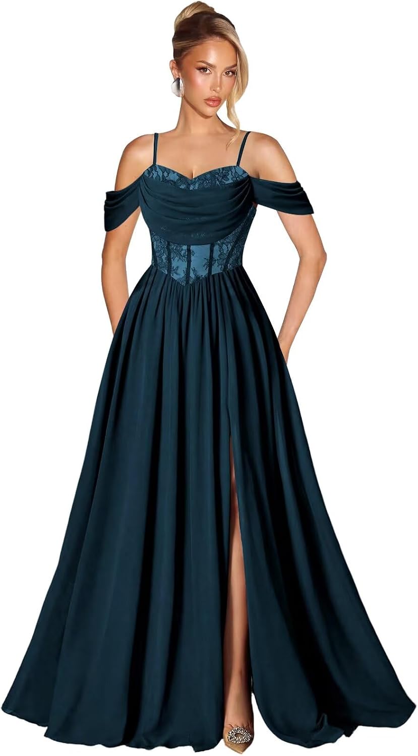 Off Shoulder Lace Applique Prom Dress with Slit A Line Ball Gown Pleated Corset Long Formal Evening Dresses