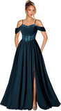 Off Shoulder Lace Applique Prom Dress with Slit A Line Ball Gown Pleated Corset Long Formal Evening Dresses