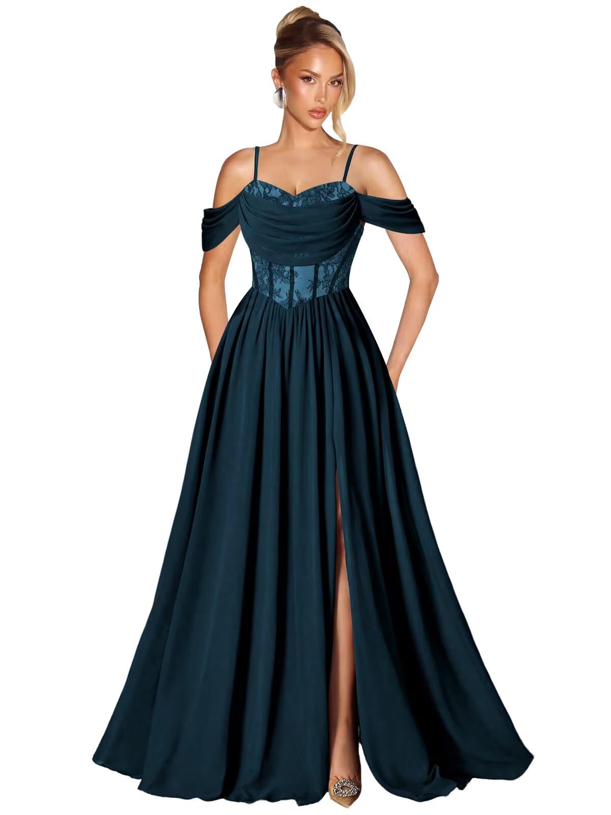 Off Shoulder Lace Applique Prom Dress with Slit A Line Ball Gown Pleated Corset Long Formal Evening Dresses