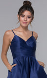 Women's Spaghetti Straps Satin Prom Dresses with Pockets V Neck Pleated Formal Evening Ball Gowns