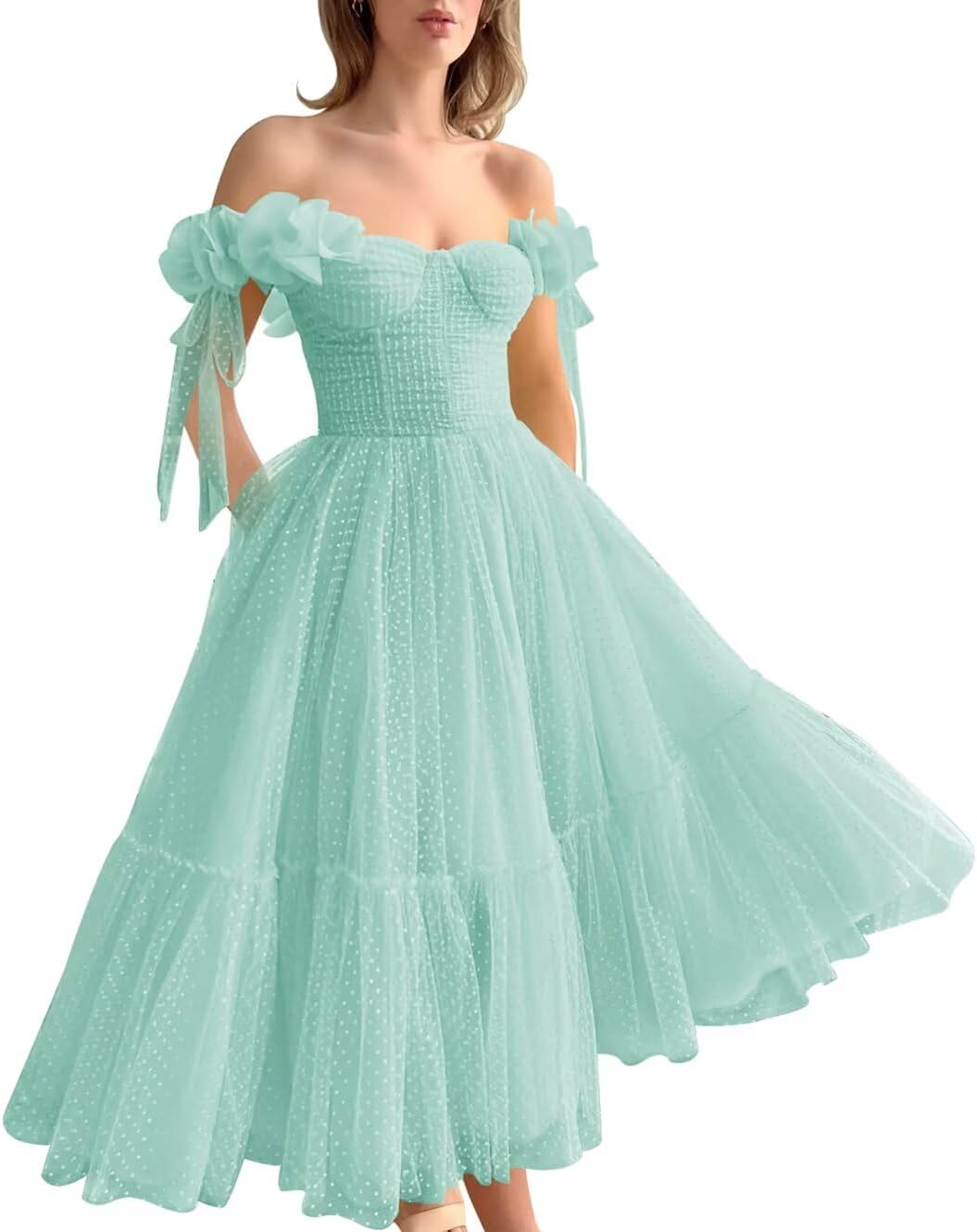 Dotted Tulle Off Shoulder Prom Dress for Women Sweetheart Midi Puffy Formal Party Gowns