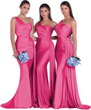 Women's One Shoulder Mermaid Bridesmaid Dresses Long Ruched Bodycon Satin Formal Prom Gowns