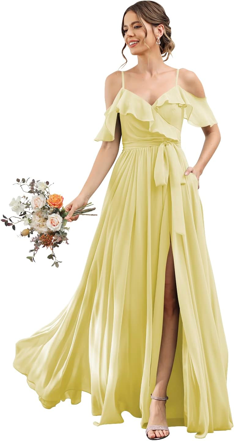 Women's Bridesmaid Dresses with Slit Long Cold Shoulder Chiffon Formal Party Dress with Pockets