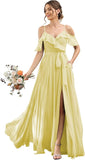 Women's Bridesmaid Dresses with Slit Long Cold Shoulder Chiffon Formal Party Dress with Pockets