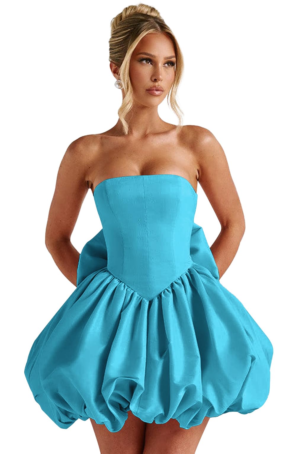 Satin Flower Bud Homecoming Dress Short Prom Dress with Bow Strapless A Line Mini Cocktail Party Gown