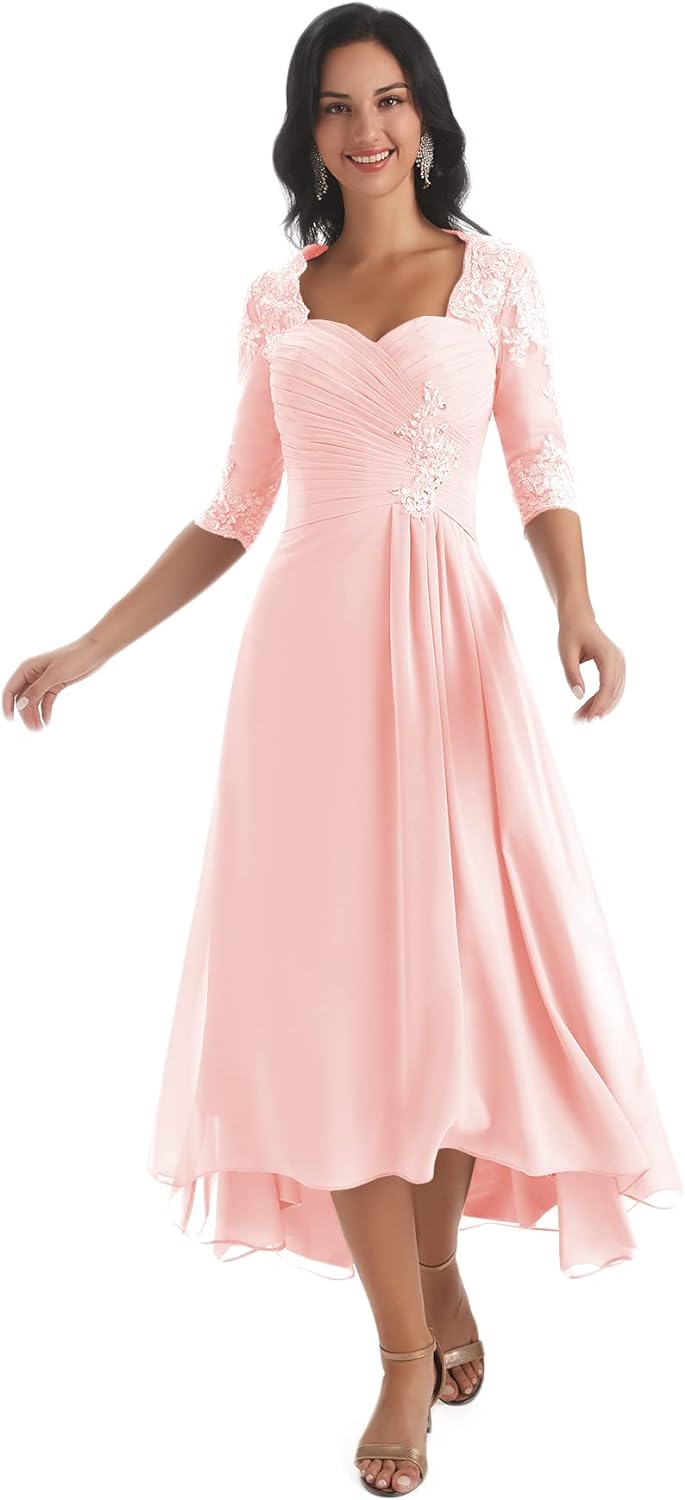 Women's Tea Length Mother of The Bride Dresses for Wedding Short Sleeves Lace Applique Formal Evening Prom Gowns