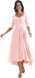 Women's Tea Length Mother of The Bride Dresses for Wedding Short Sleeves Lace Applique Formal Evening Prom Gowns