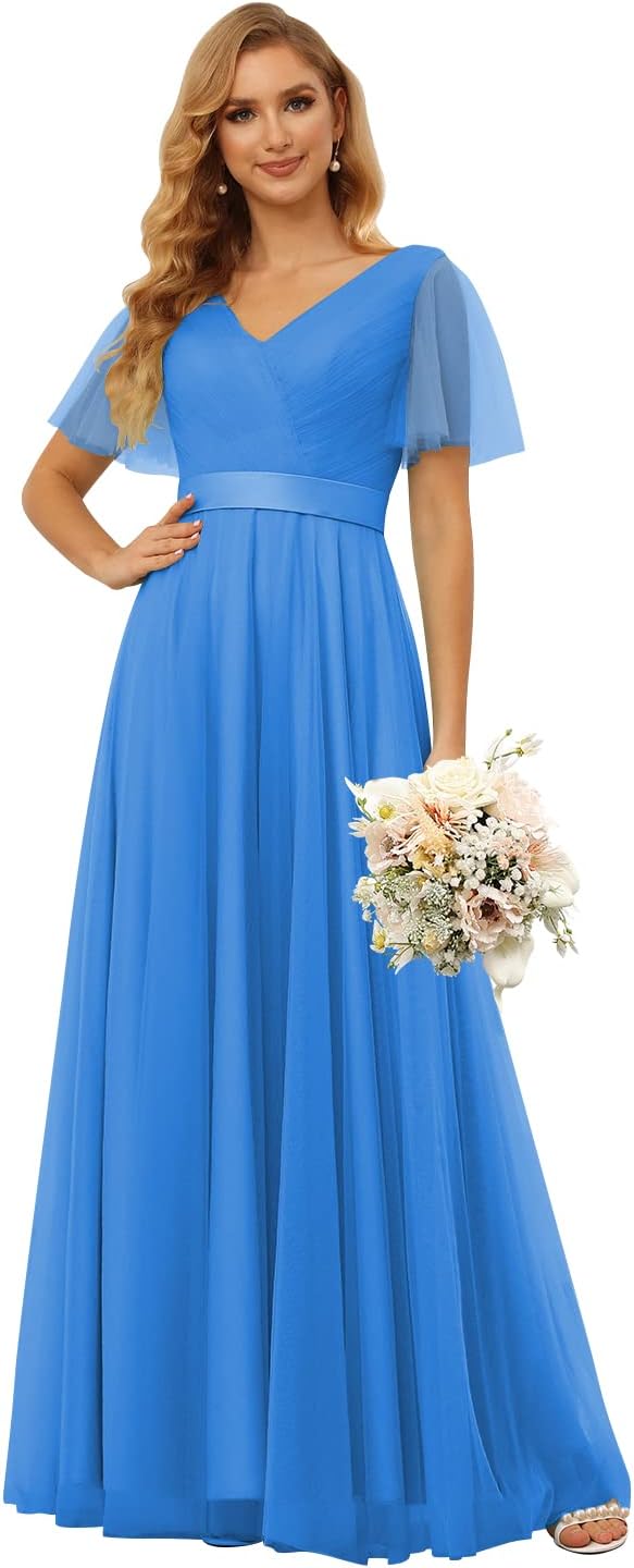 Damen Brautjungfernkleider mit Flatterärmeln, Tüll, lang, V-Ausschnitt, Empire-Taille, formelles Kleid 