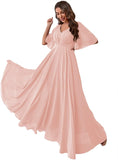Women's Batwing Sleeve Chiffon Bridesmaid Dresses with Pockets V Neck Long Formal Evening Dress