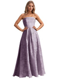 Jacquard Floral Prom Dresses Strapless Maxi Evening Gowns A-Line Ruched Formal Party Dress Elegant