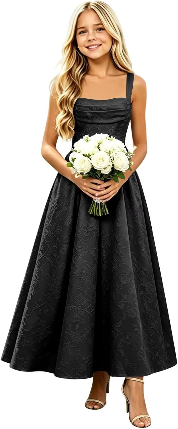 Girls Floral Satin Jacquard Junior Bridesmaid Dresses Long Ruched Flower Girl Dress for Wedding
