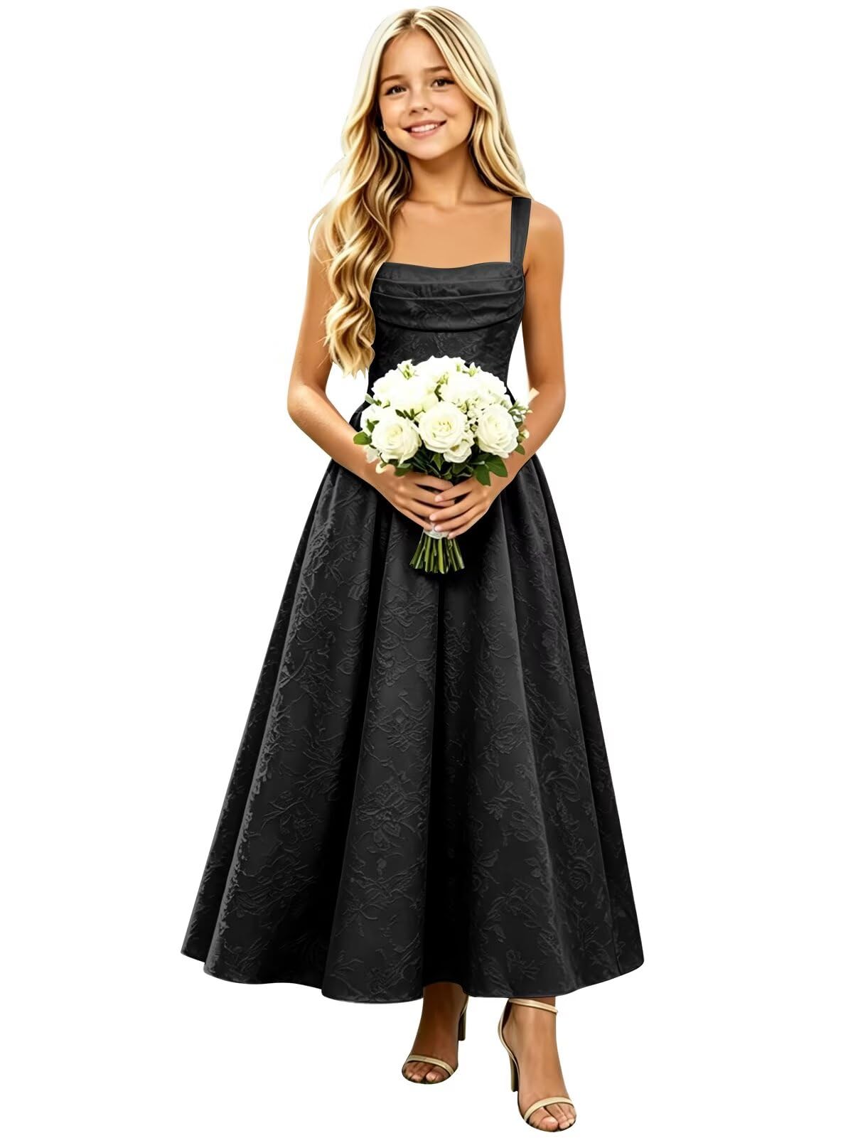Floral Satin Jacquard Junior Bridesmaid Dresses Long Ruched Flower Girl Dress for Wedding