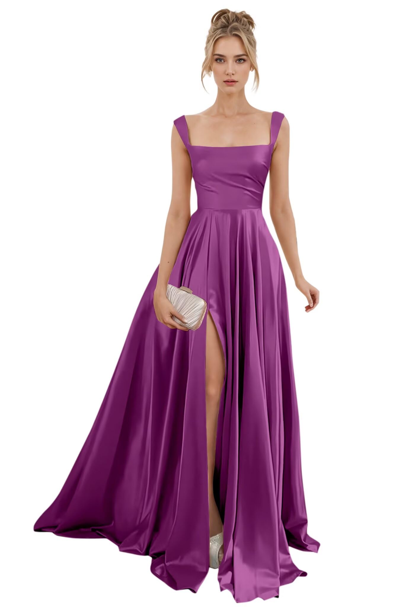 Spaghetti Straps Satin Bridesmaid Dresses for Women Long A-Line Square Neck Formal Evening Party Gown with Slit