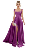 Spaghetti Straps Satin Bridesmaid Dresses for Women Long A-Line Square Neck Formal Evening Party Gown with Slit