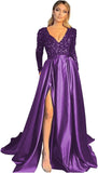 Vestido de fiesta de satén con lentejuelas brillantes para mujer, con bolsillos, manga larga y abertura. 