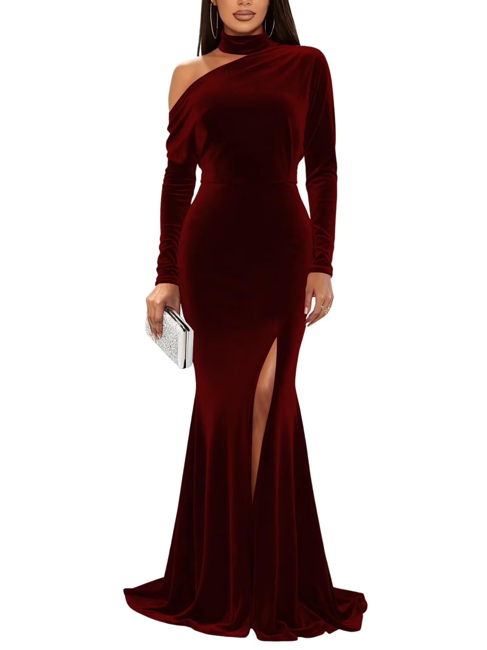 Mermaid Velvet Prom Dresses with Slit 2027 Long Sleeve Formal Dress for Women One Shoulder Evening Party Gowns